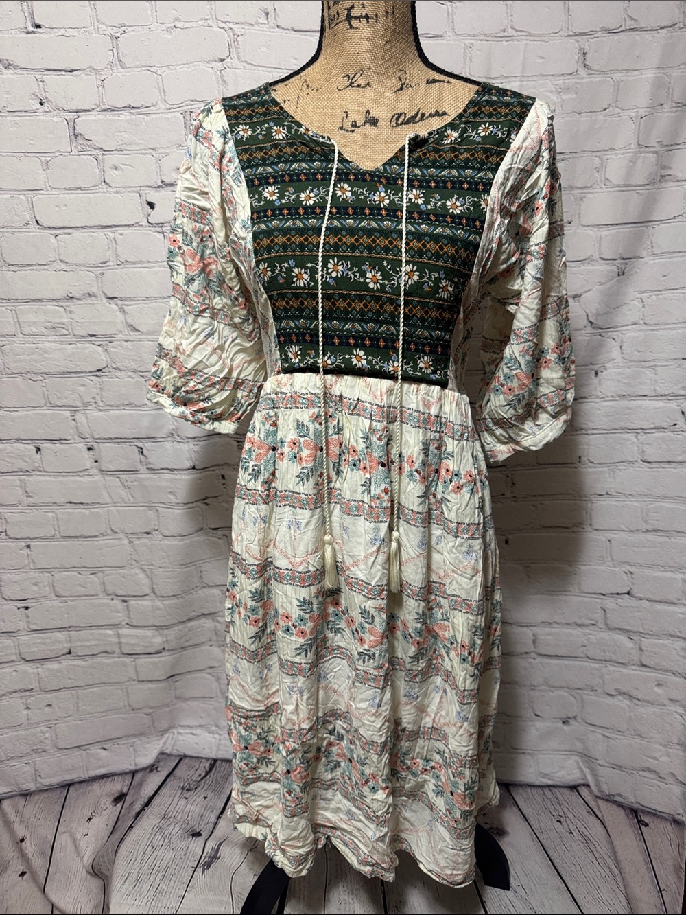 Reborn J Like New Floral Patchwork Midi Dress in Cream and Green Bohemian